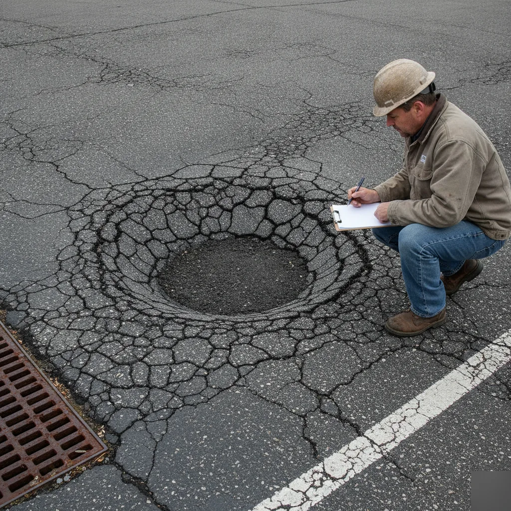Contractor inspecting failed pavement unsuitable for sealcoating in Volusia County