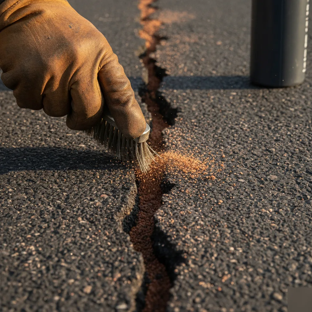 Hand cleaning asphalt crack debris before repair in Volusia County driveway