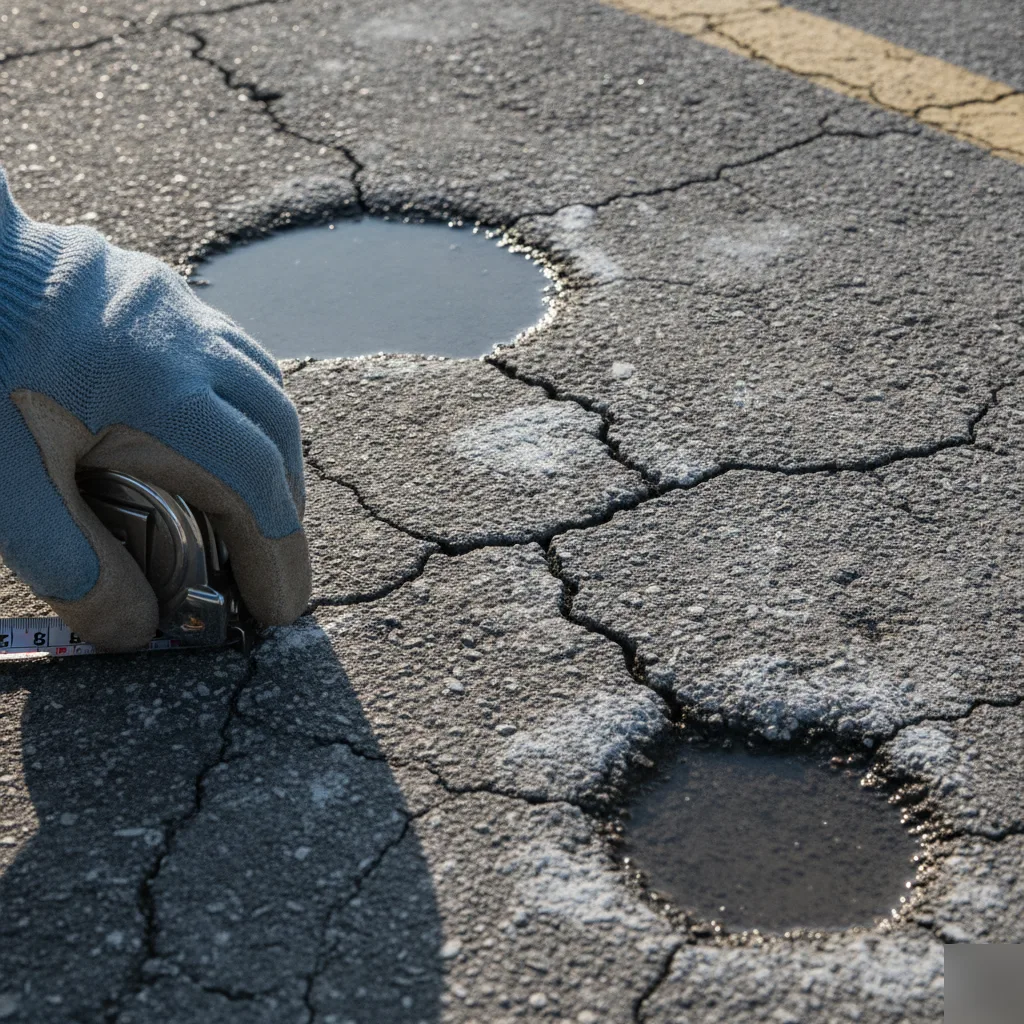 Close-up of cracked asphalt pavement being inspected in Volusia County
