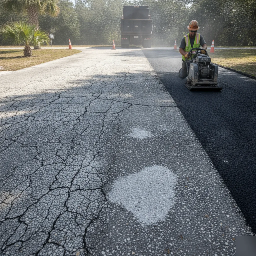 Pothole patch and crack sealing repairs on Volusia County parking lot asphalt
