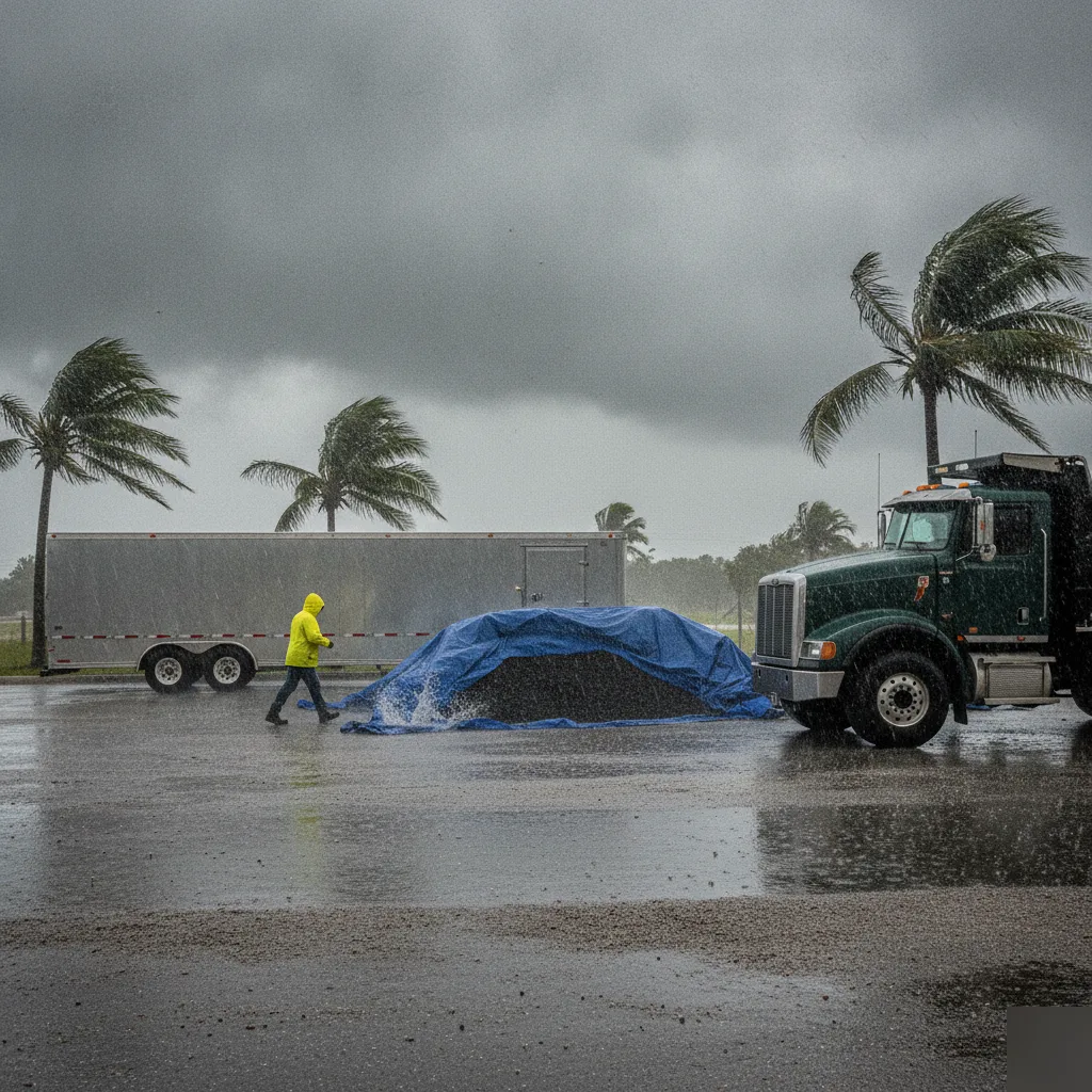 Paving crew securing site during Florida rain delay in Volusia County
