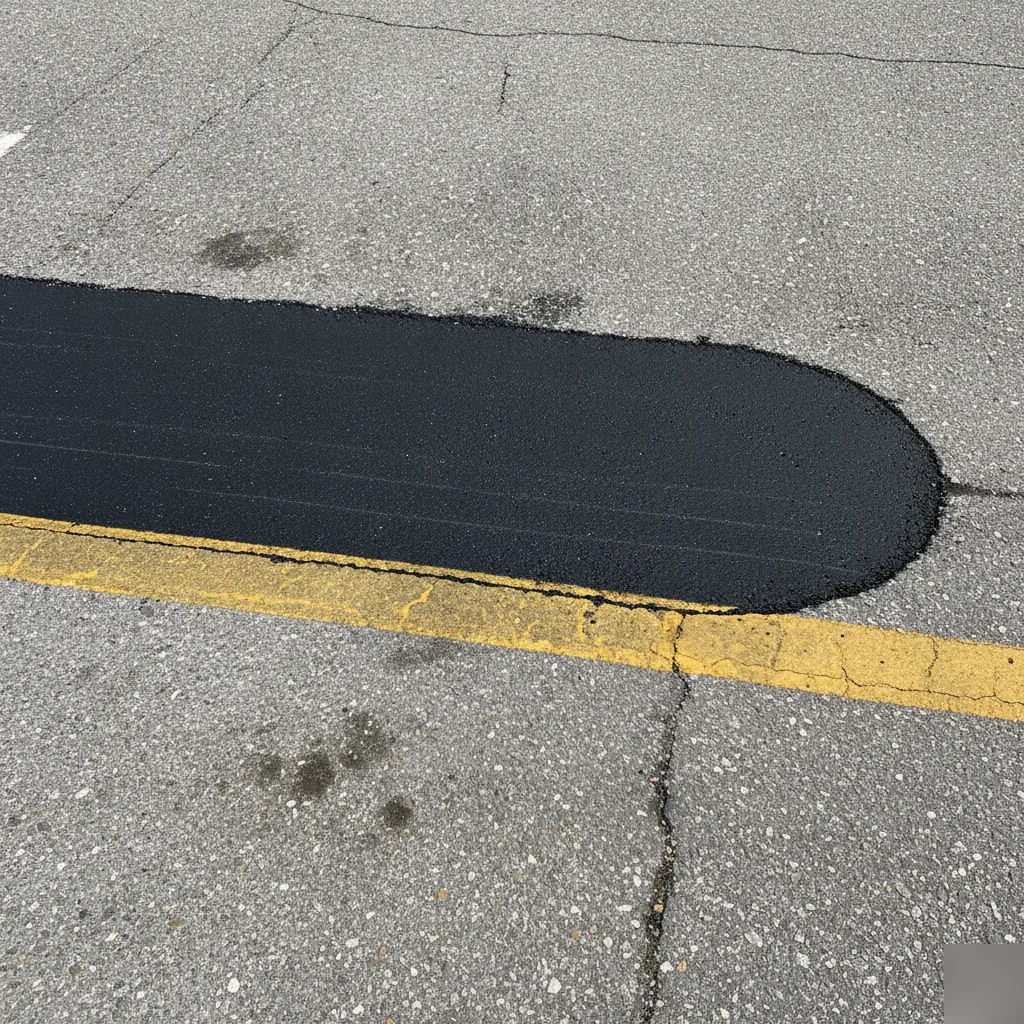 Freshly patched asphalt surface blending with older pavement in Volusia County lot