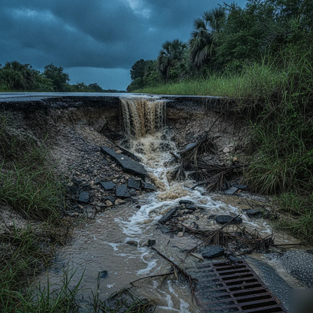 Rainwater eroding asphalt road shoulder edge during storm in Volusia County