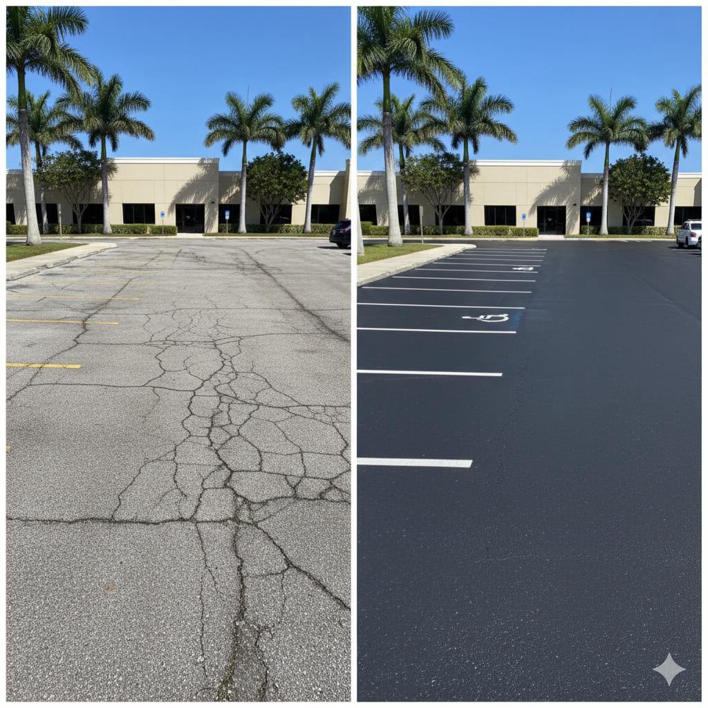 Before and after parking lot maintenance by Blacktop By Beede Paving in East Central Florida