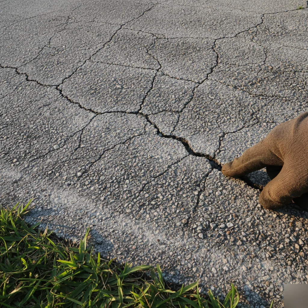 Close-up of cracked faded asphalt needing sealcoating in Volusia County