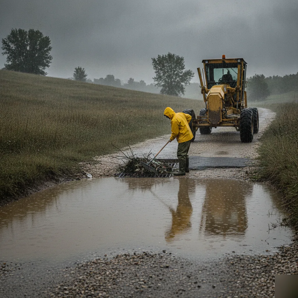 Road maintenance crew clearing drainage during rainy season near Volusia County