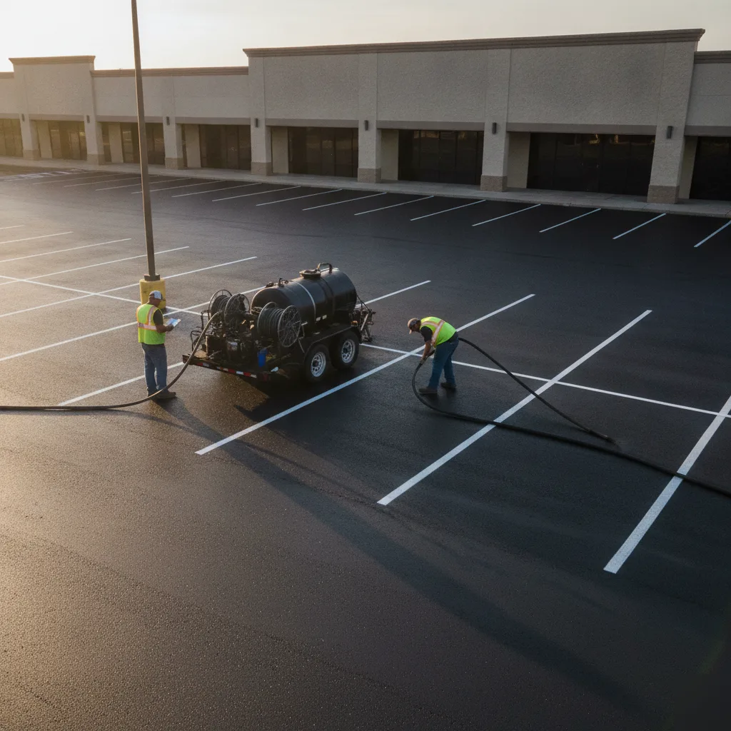 Freshly sealcoated commercial lot before line striping in Volusia County